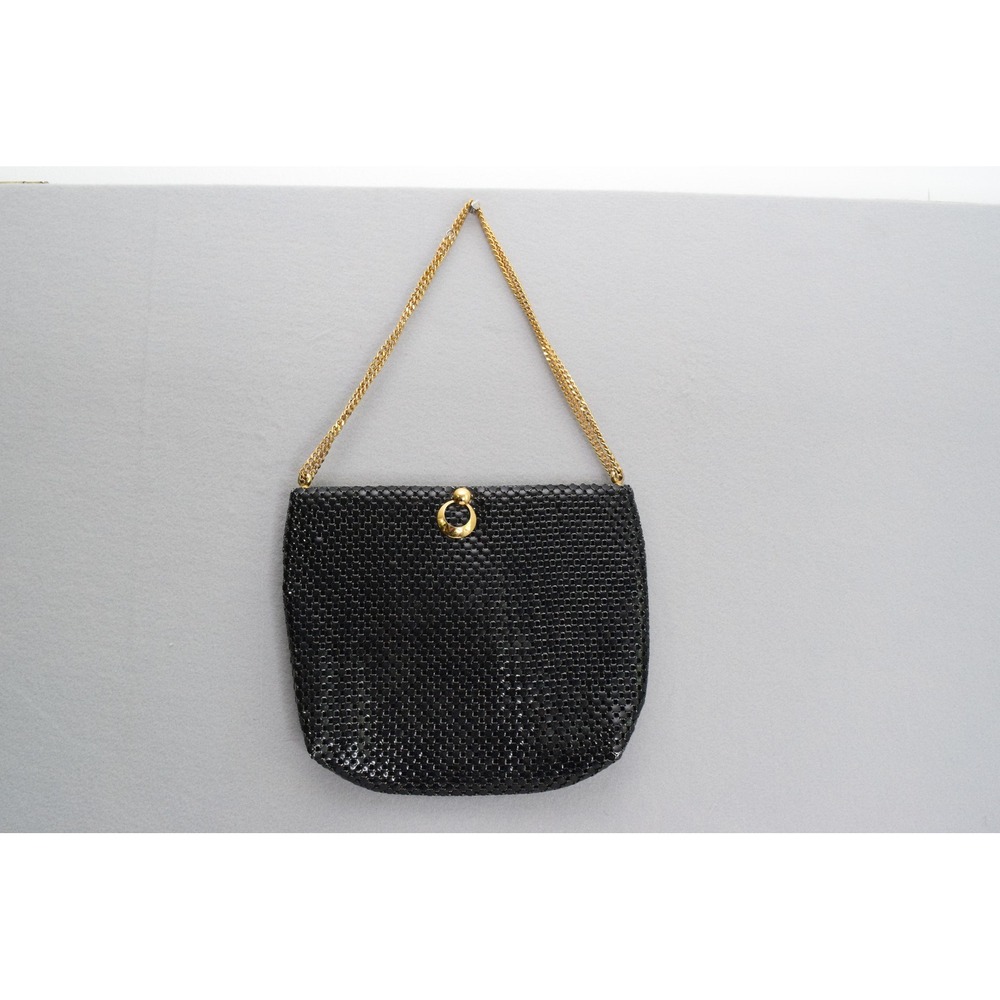 Whiting & Davis Mesh Evening Bag Small Black Gold Chain Vtg Clutch Art Deco